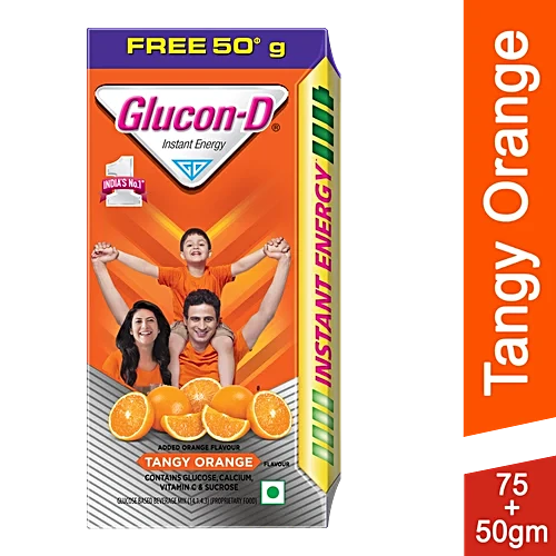 Glucon-D Instant Energy Glucose Powder - Tangy Orange, 75 g (Get 50 g Free)