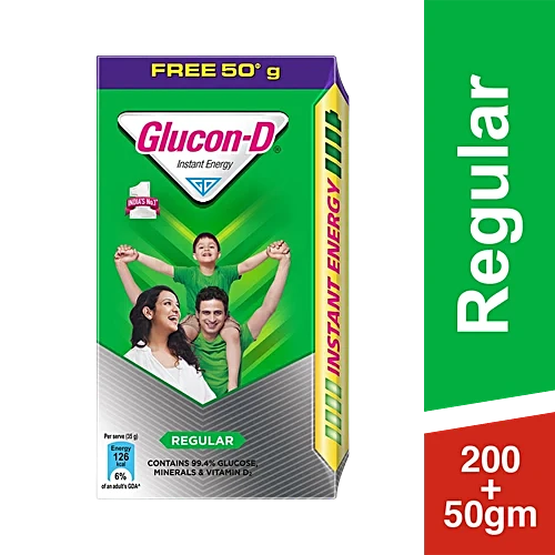 Glucon-D Instant Energy Nutrition Drink - Regular, 200 g (Get 50 g Free), Refill