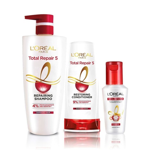 L'Oreal Paris Repairing Shampoo + Restoring Conditioner + Smoothening and Repairing Serum For Damaged and Weak Hair, With Pro-Keratin, Ceramide+UV Filter, Total Repair 5, Bundle pack
