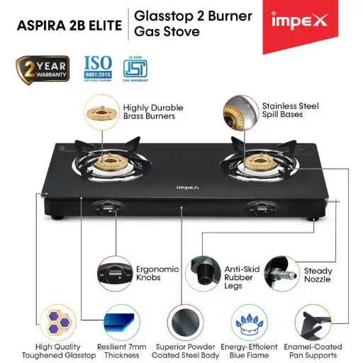 IMPEX GLASS TOP GAS STOVE (ASPIRA 2B ELITE) 